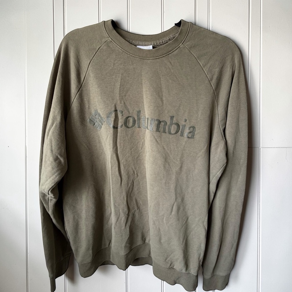 Columbia Sweatshirt Mens Medium Olive Green Spellout Logo Crewneck Casual